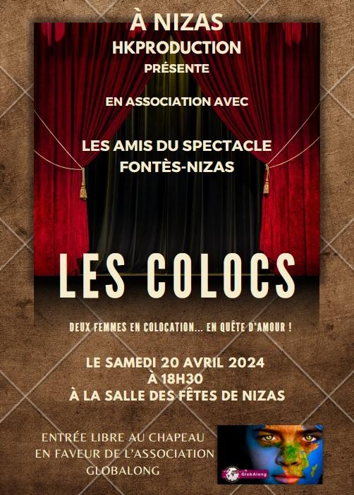 L a s affiche de la soiree theatre de nizas le samedi 20 avril 2024 en faveur de globalong les colocs 1